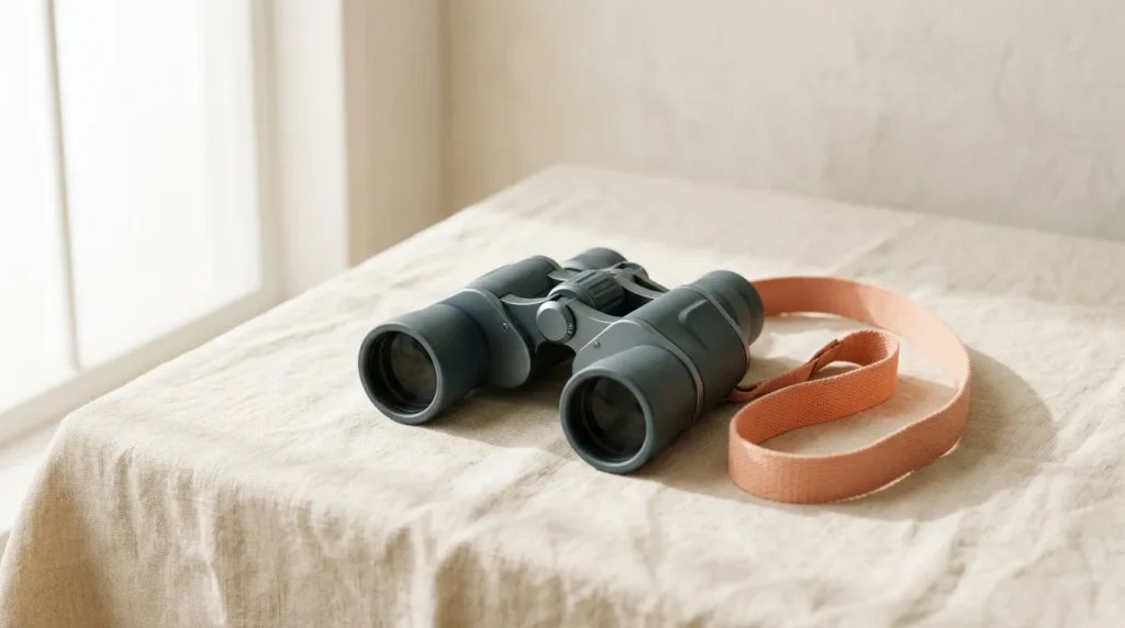 Pair of slate binoculars resting, lenses down