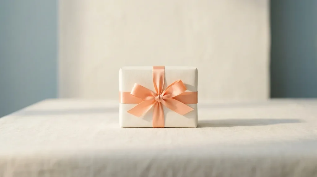 Small wrapped gift box in plain cream paper