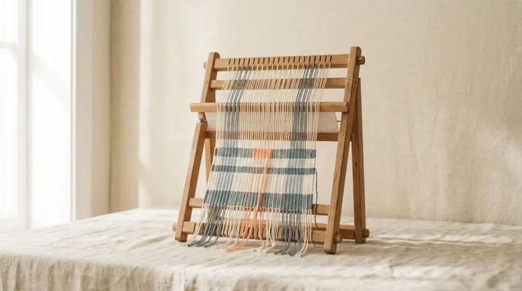 Small wooden hand loom with half-woven cream and slate fabric