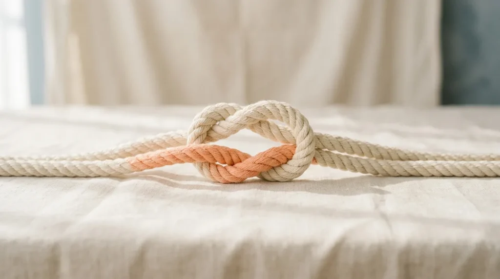 Thick cream rope tied in a neat square knot