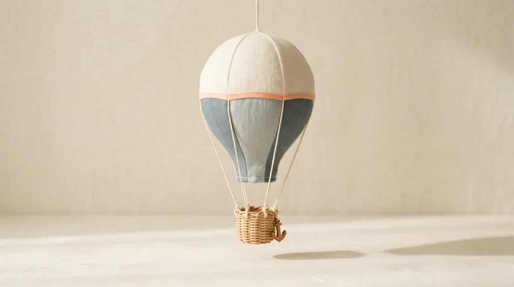 Small toy hot-air balloon in cream and slate fabric with a wicker basket