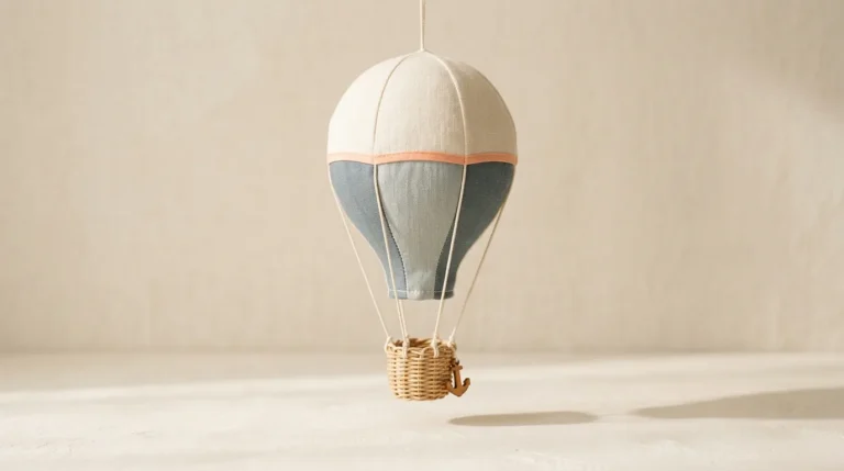 Small toy hot-air balloon in cream and slate fabric with a wicker basket