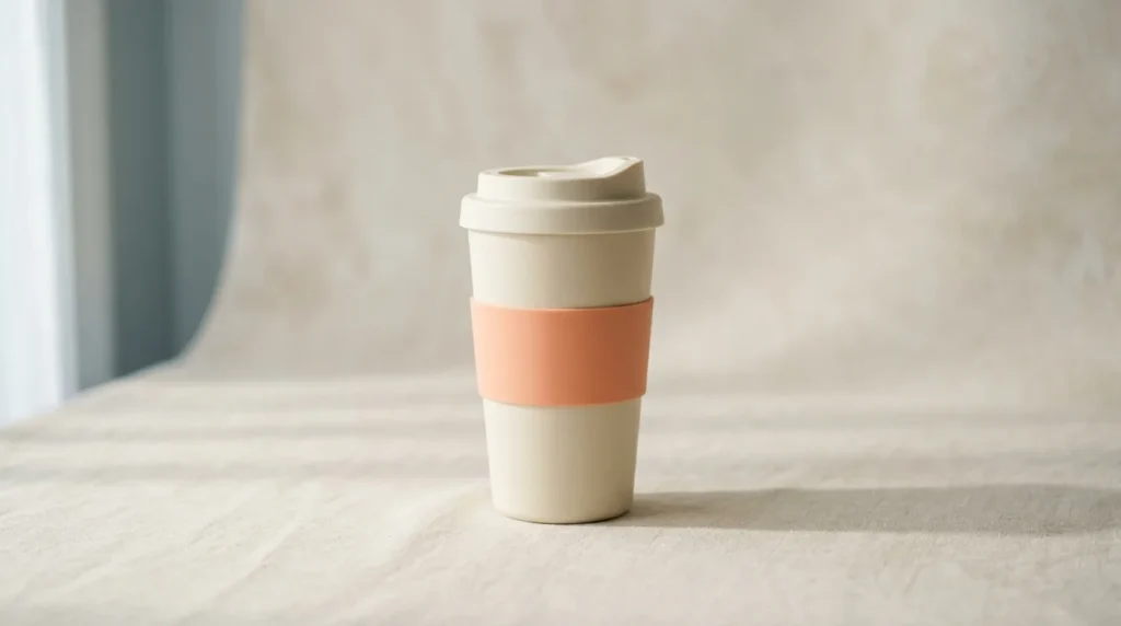 Cream travel coffee tumbler with a lid