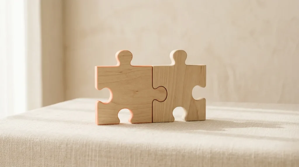 Two interlocking natural wooden jigsaw puzzle pieces fitted together
