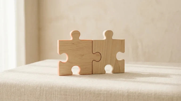 Two interlocking natural wooden jigsaw puzzle pieces fitted together