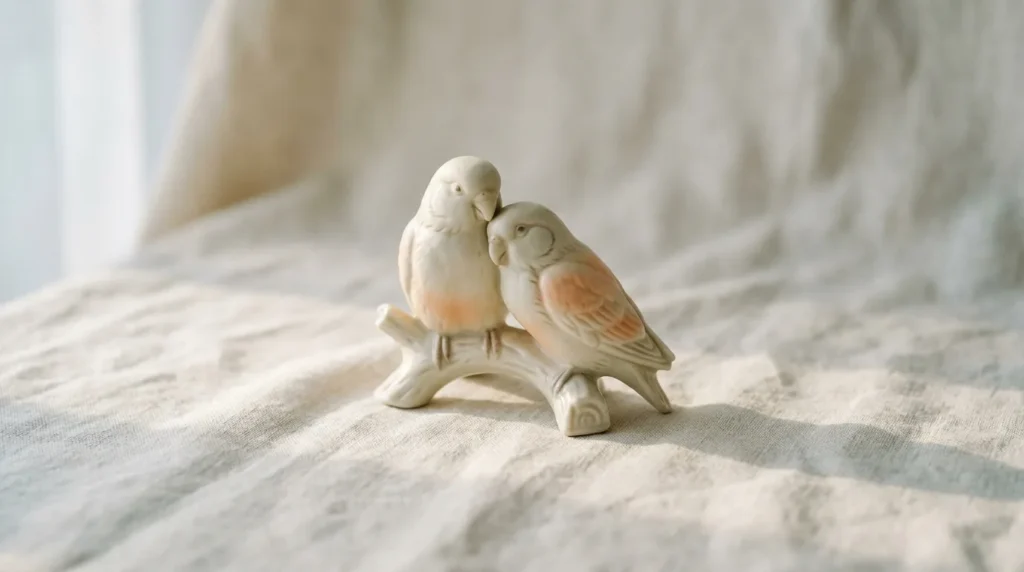 Cream porcelain figurine of two lovebirds nestled together