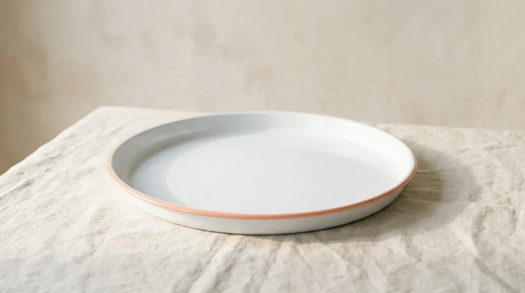 Empty round white enamel serving tray