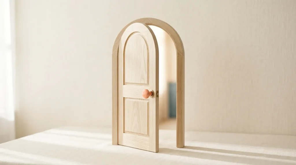 Arched pale wooden door standing slightly open