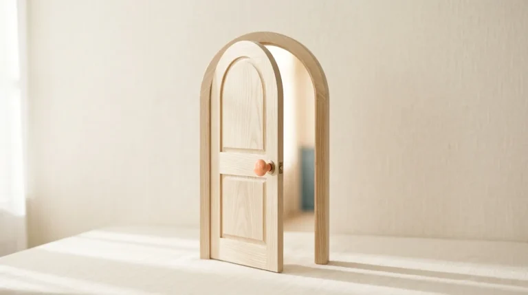 Arched pale wooden door standing slightly open
