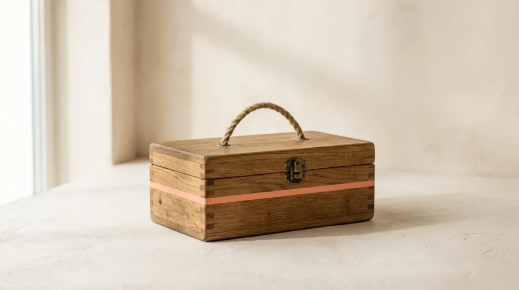 Small closed wooden toolbox with a rope handle