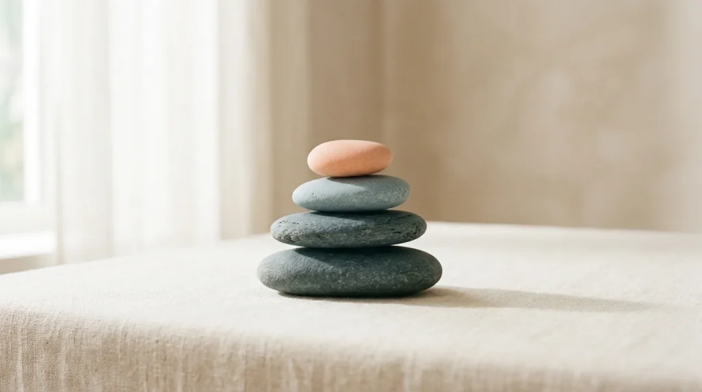 Balanced cairn of four flat slate stones stacked upright