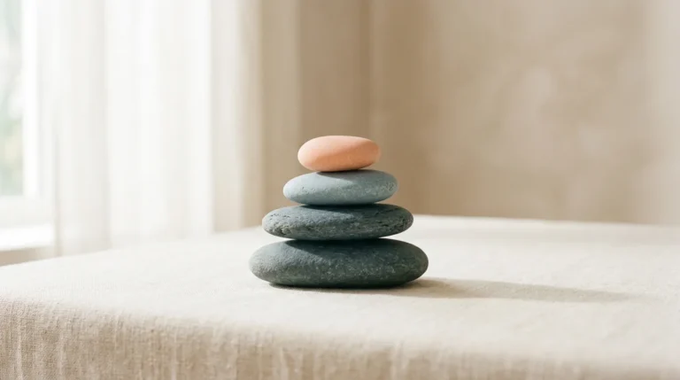 Balanced cairn of four flat slate stones stacked upright