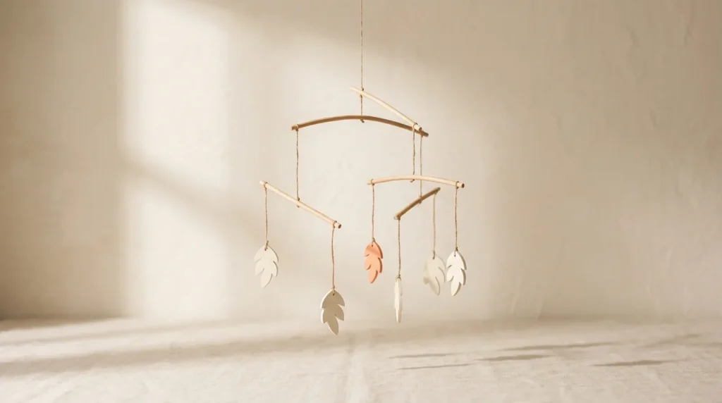 Hanging wooden mobile with balanced arms holding small flat cream wooden leaf shapes