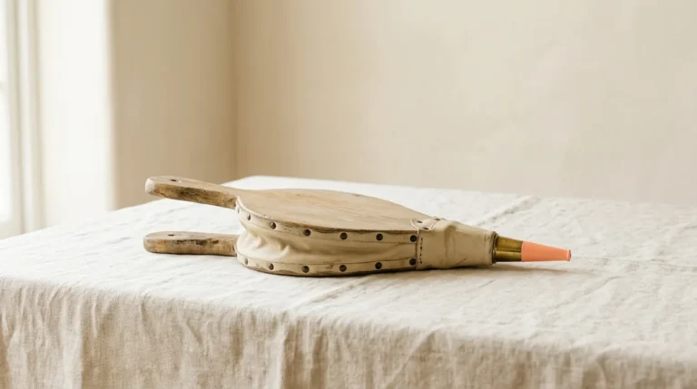 Antique fireplace bellows in pale wood and cream leather