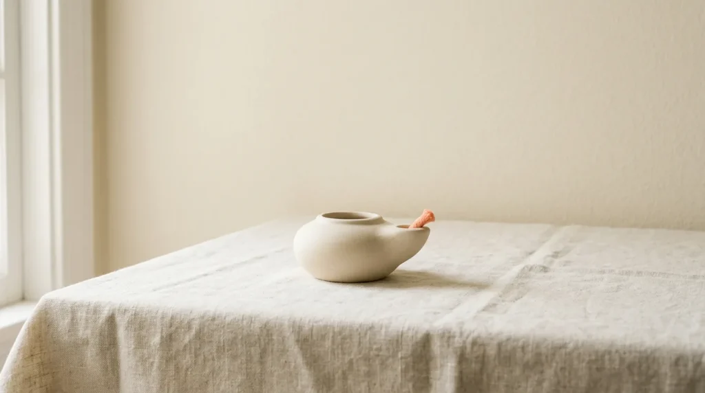 Small unlit cream clay oil lamp with a peach wick