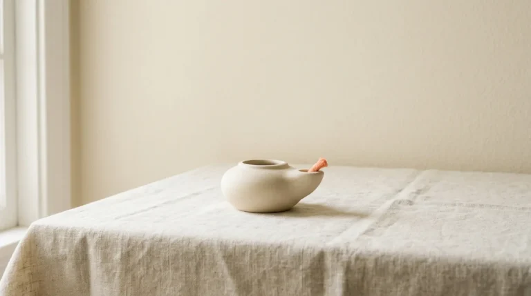 Small unlit cream clay oil lamp with a peach wick
