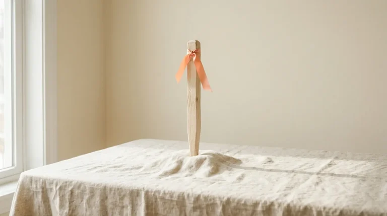 Pale wooden boundary stake with a peach ribbon tied at the top