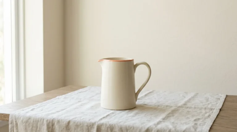 Empty cream ceramic pitcher with a peach rim